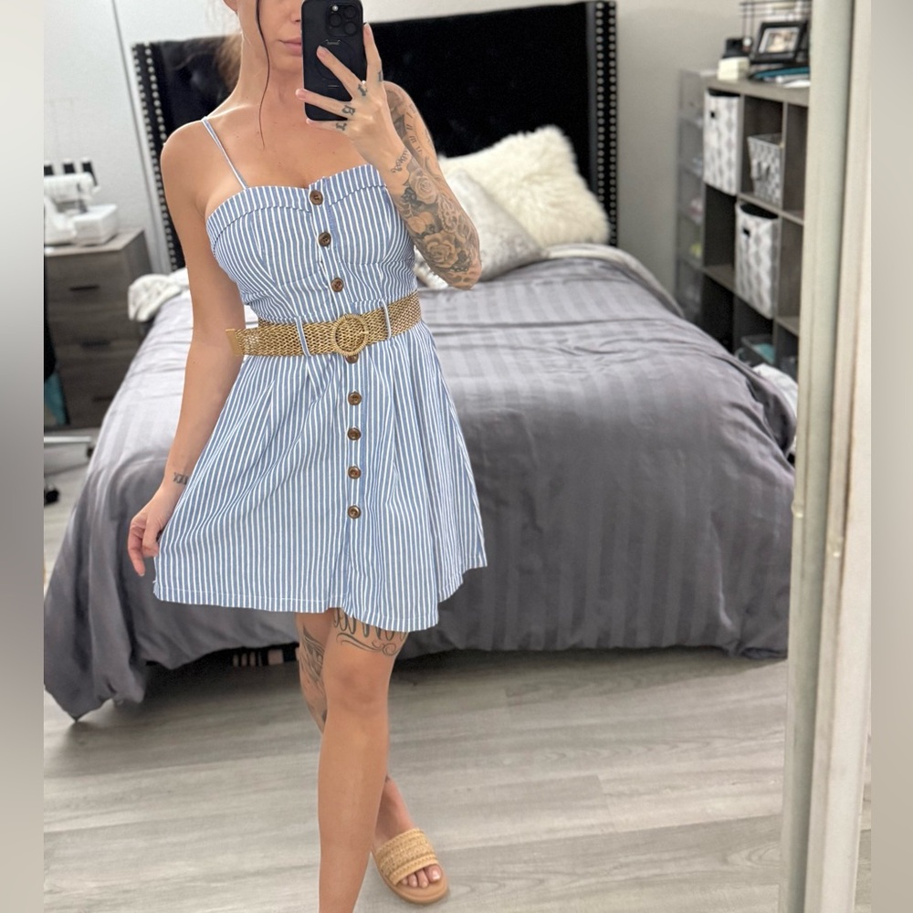 Blue striped linen mini dress